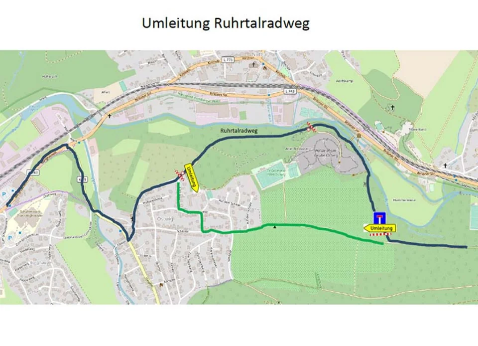 Karte der Umleitung des Ruhrtalradweges