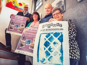 Thomas Mester (Brilon Kultour), Anne Wiegel (Kreis- und Hochschulstadt Meschede), Norbert Arens (Gemeinde Bestwig) und Uta Koch (Stadt Sundern) freuen sich auf den „Tag des Offenen Ateliers“.