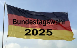 Bundesflagge mit der Aufschrift Bundestagswahl 2025